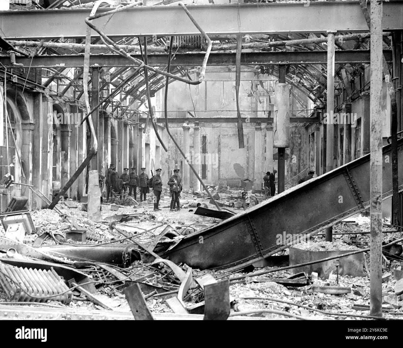 Easter Rising (originally captioned The Dublin rebellion)    The interior of the completely wrecked Post Office in Sackville Street, the GPO was the nerve centre of the rebellion.  English soldiers in the ruins.    1916 Stock Photo