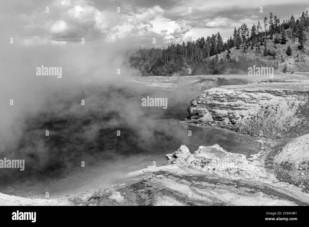 Excelsior Geyser in black and white, Midway Geyser Basin, Yellowstone national park, Wyoming, USA. Stock Photo