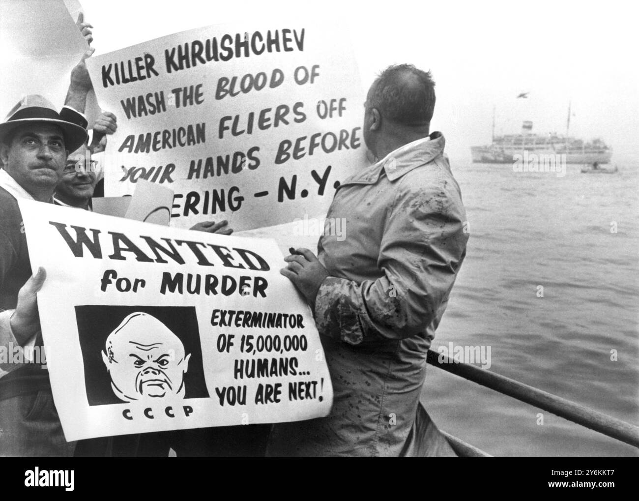 Krushchev Demonstration - New York - 19 September 1960 Anti-communist demonstratiors wave placards infront of the Soviet liner, Baltika, which carries Soviet Premier, Nikita Krushchev to the UN General Assembly.  Credit: TopFoto.co.uk Stock Photo