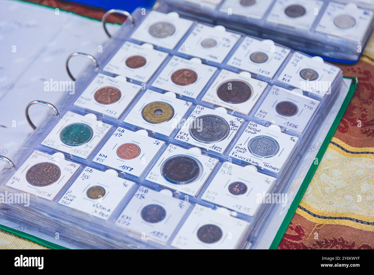 Flea market. Collection of ancient coins. Stock Photo