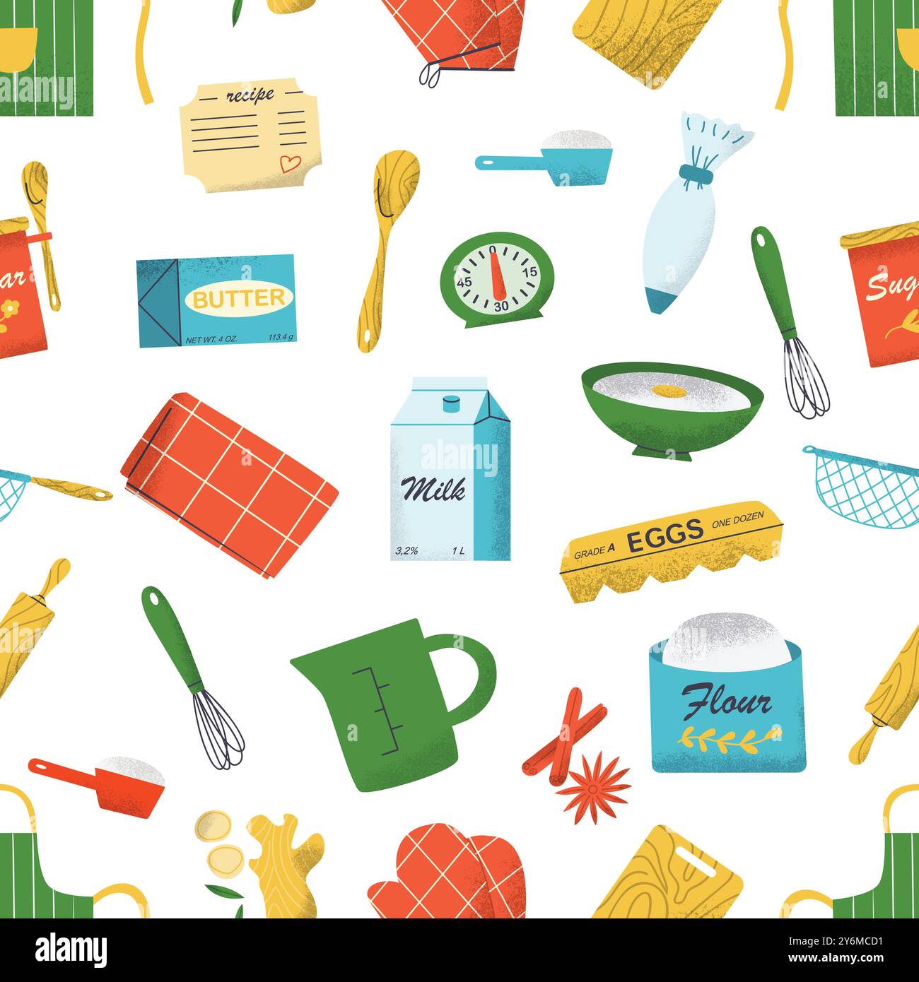 Ingredients, utensils and tools for baking pattern Stock Vector