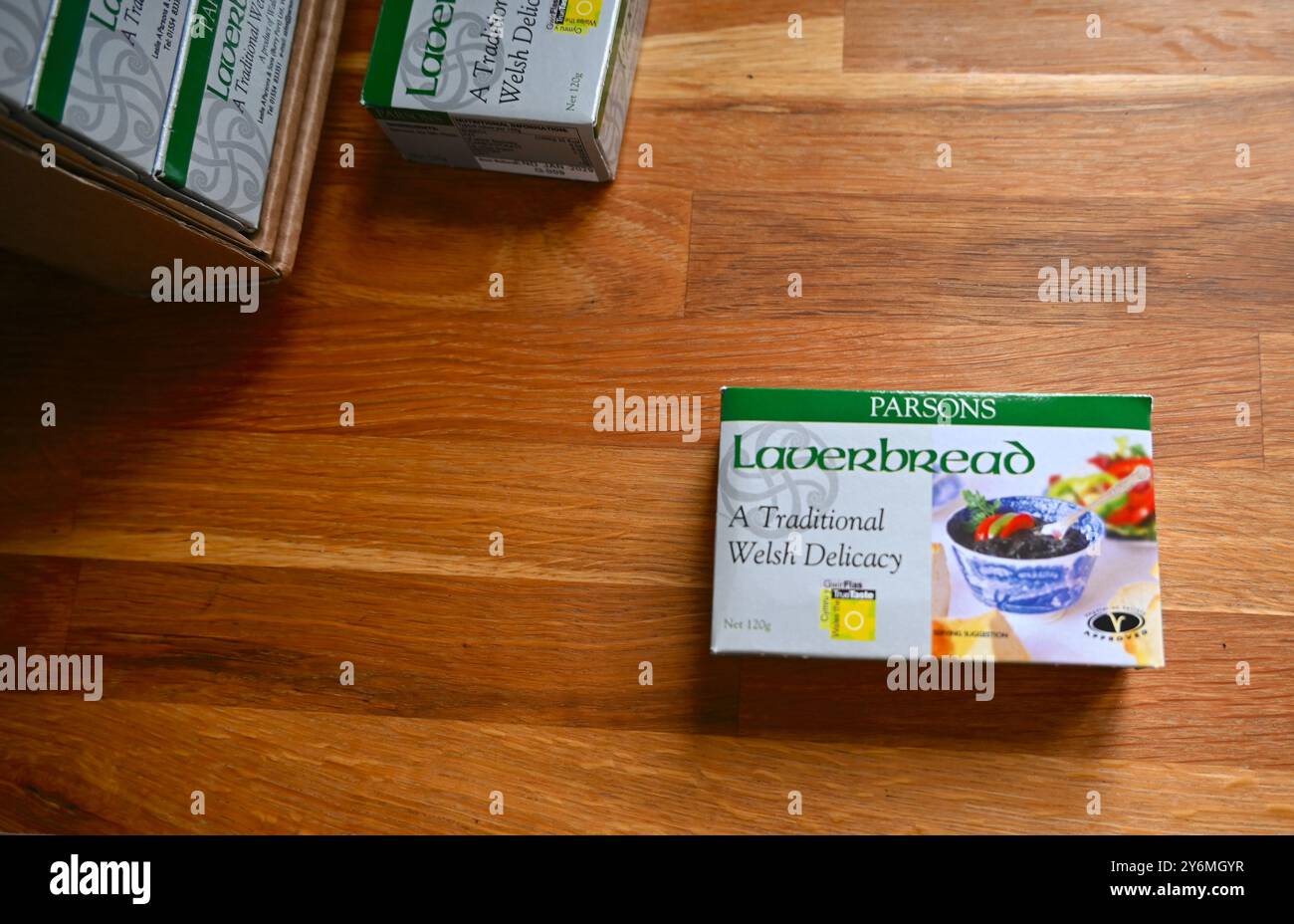 Packed delicatessen Welsh laverbread in kitchen interior. Stock Photo