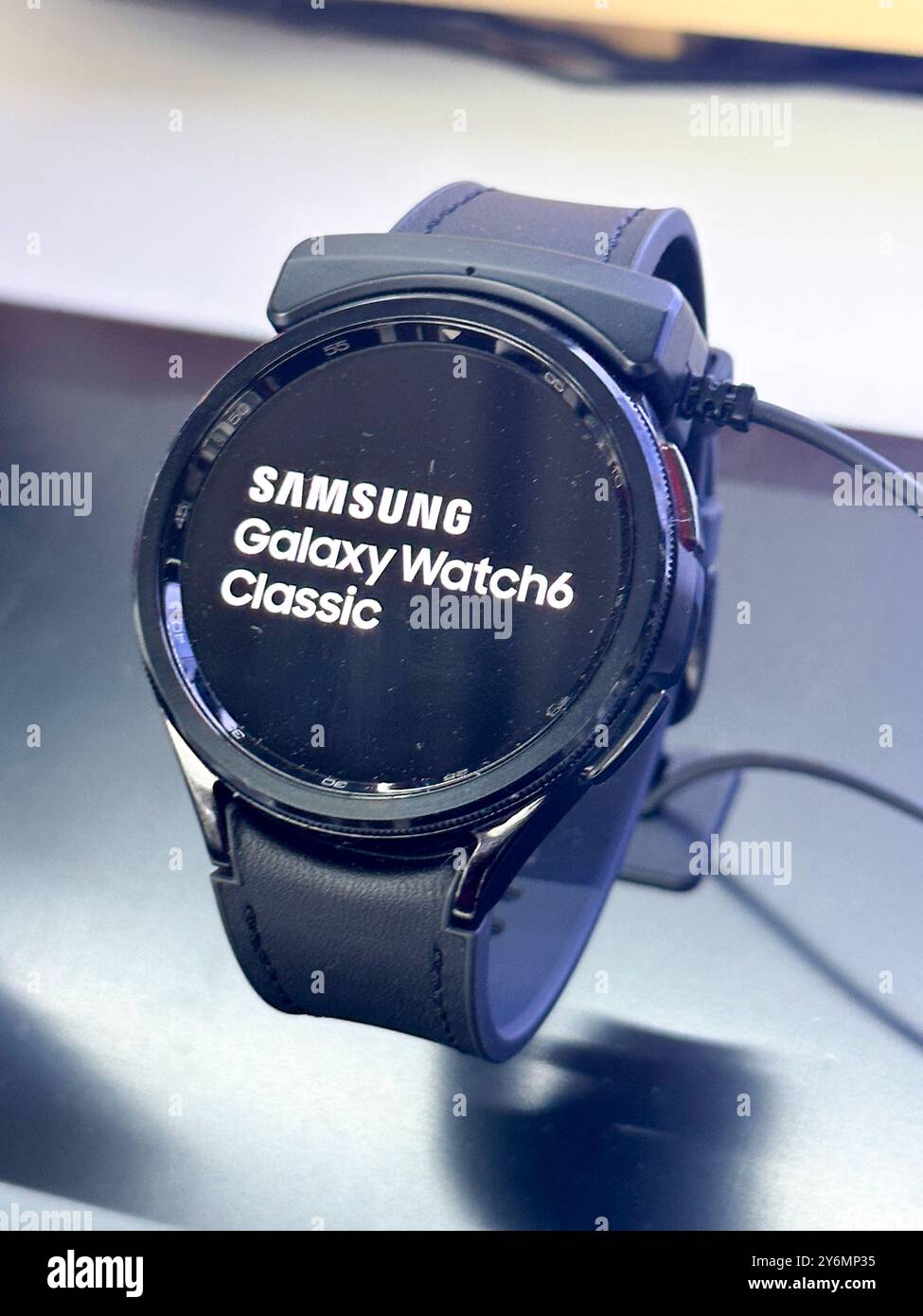 Shelf displaying a connected watch in a supermarket. Samsung, Galaxy, Watch6 classic. Stock Photo