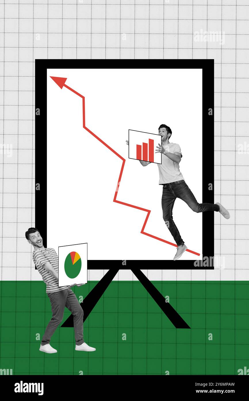 Collage artwork of happy people presenting success progress arrow grow ...