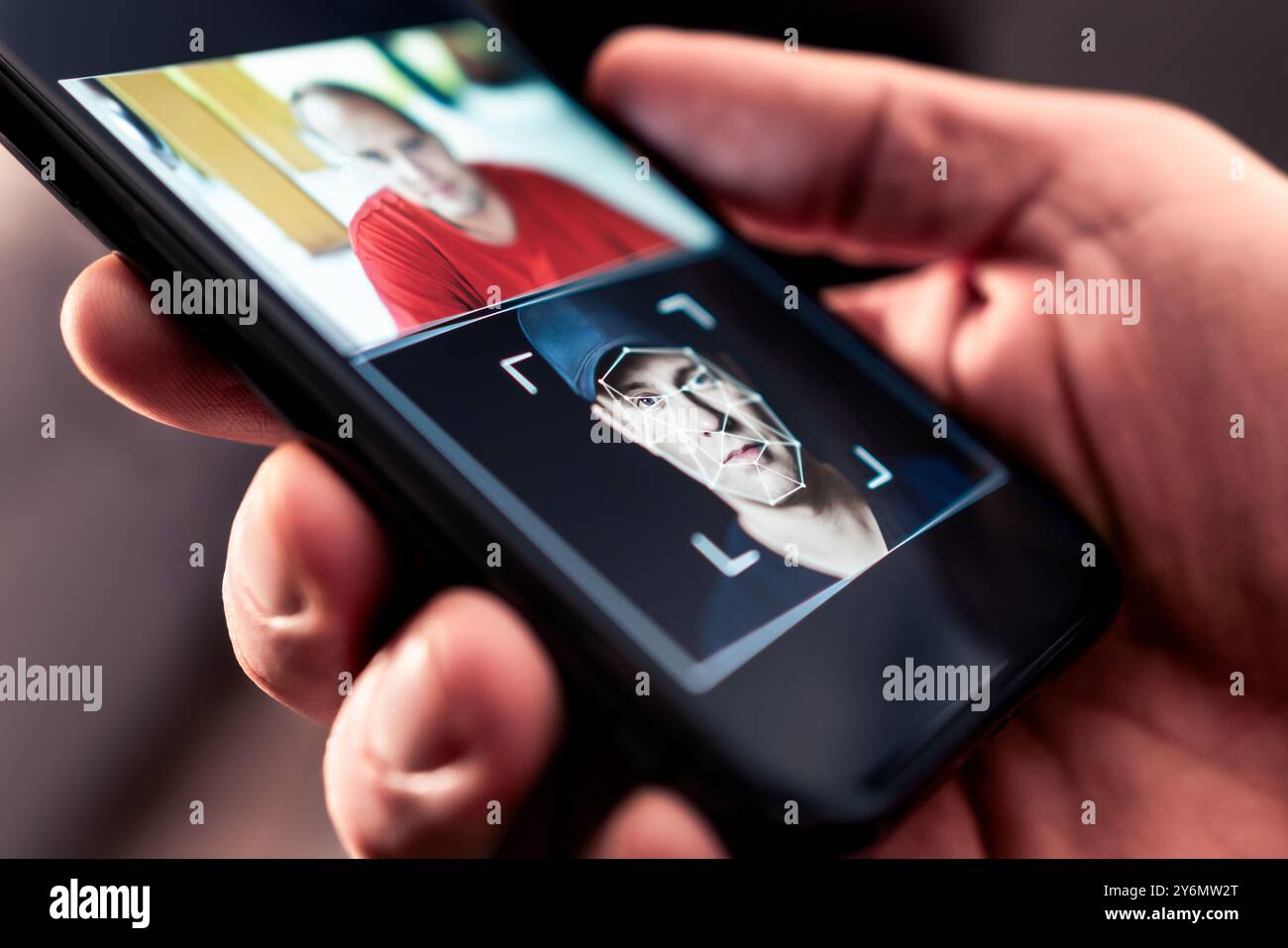 Deep fake. Deepfake AI photo or video in phone. Face swap. Artificial intelligence edit to picture. Machine learning or fraud. Identity theft. Stock Photo