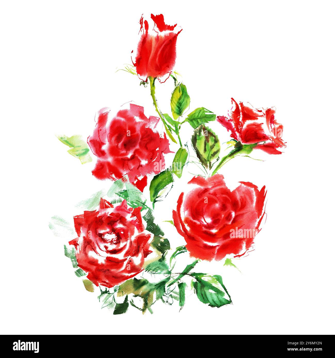 Arrangement from five red roses with green leaves in juicy watercolor ...