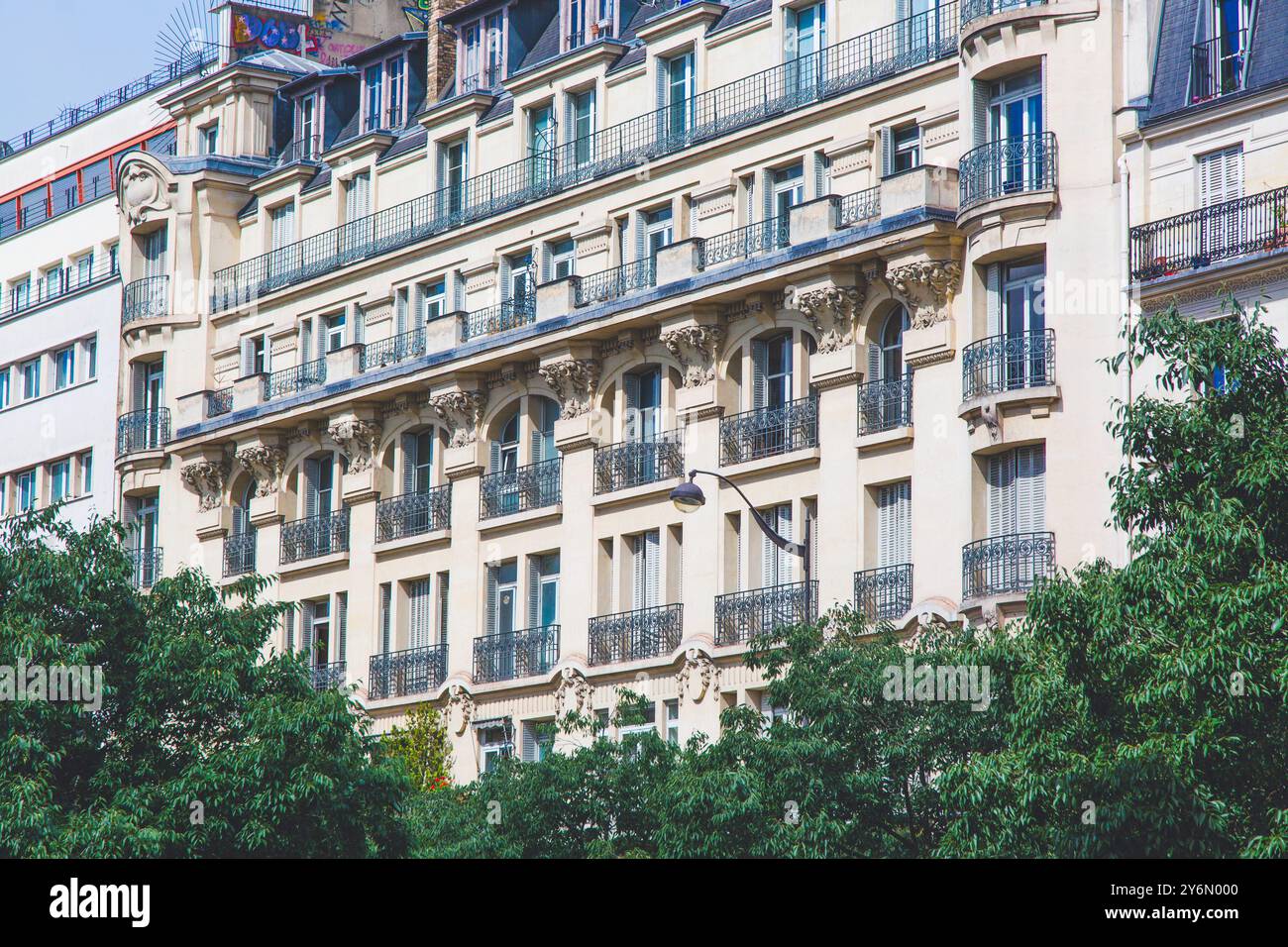 France, Paris, Haussmann-style building facades, boulevard de Clichy Stock Photo
