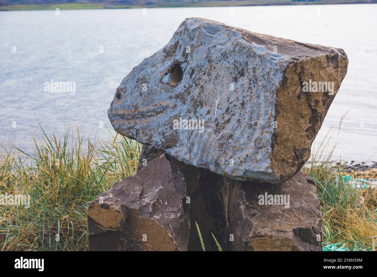 Iceland, northern region, Akureyri, Stone, shaped like a dinosaur head ...