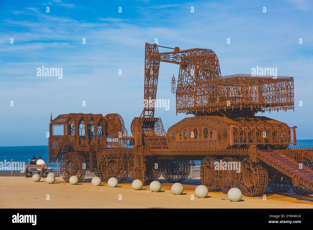 Belgium, Flemish region, West Flanders, Middelkerke, Westende, the dike, work of art: Caterpillar # 5 by Wim Delvoye Stock Photo