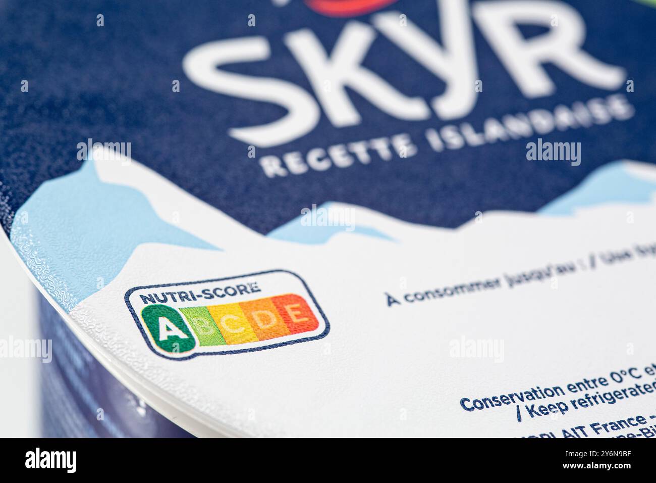 Still life of a pot of skyr, Icelandic recipe. A product without fat, but with proteins. Stock Photo