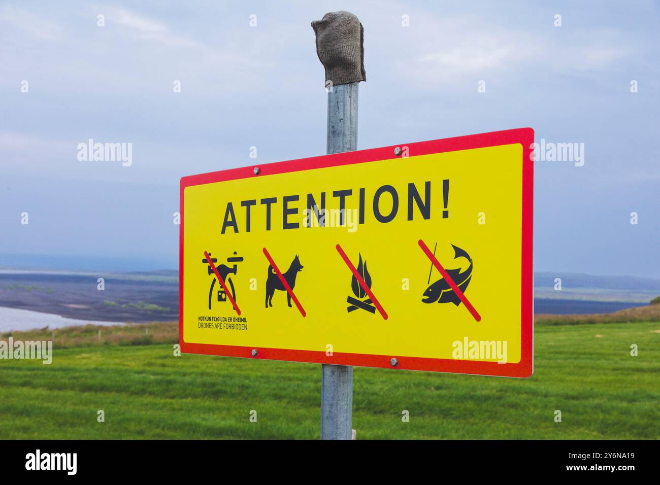 Iceland, no-drone, no-dog, no-fire and no-fishing signs Stock Photo