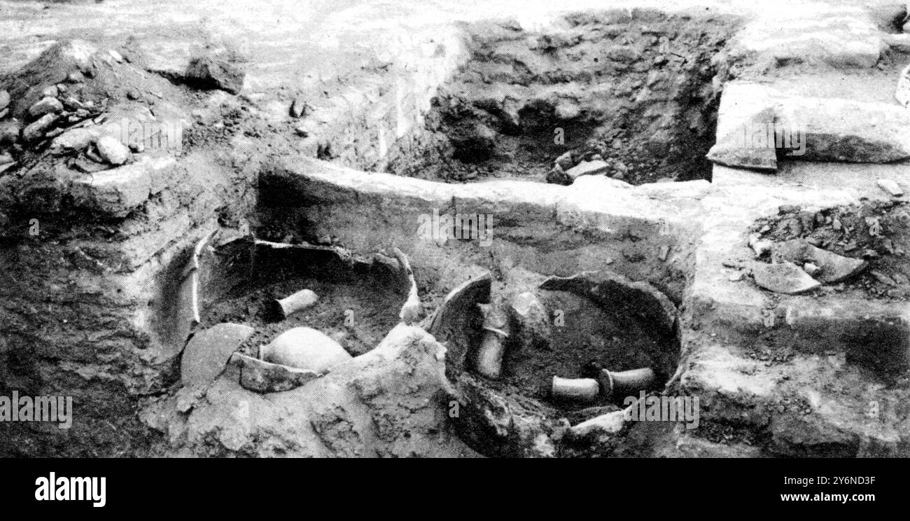 'Indus' Religion 500 Years Ago: Burial customs; Seals; And Cult-Objects. Believed to be cinarary urns, like thos recently discovered on prehistoric sites in Northern Baluchistan: Jars containing smaller vessels and some of them ashes.  14 January 1928 Stock Photo