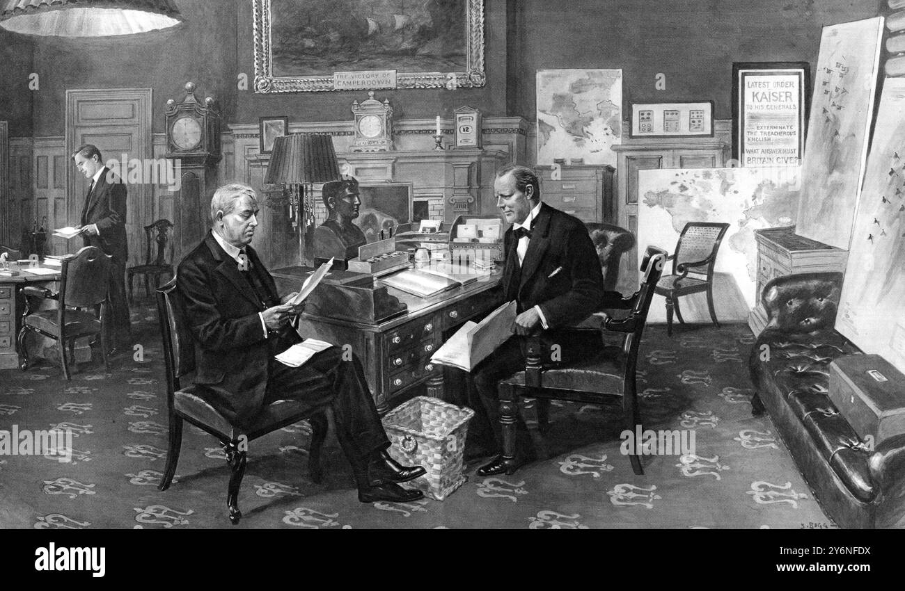 Churchill and Fisher at work: The first Lord and the First Sea Lord at the Admirality. With a bust of Napoleon on his desk. flagged war-maps, and the Kaiser's order to 'Exterminate the treacherous English': Mr Winston Churchill in his room at the Admiralty, in consultation with Admiral-Of-The- Fleet Lord Fisher of Kilverstone.  19 December 1914 Stock Photo