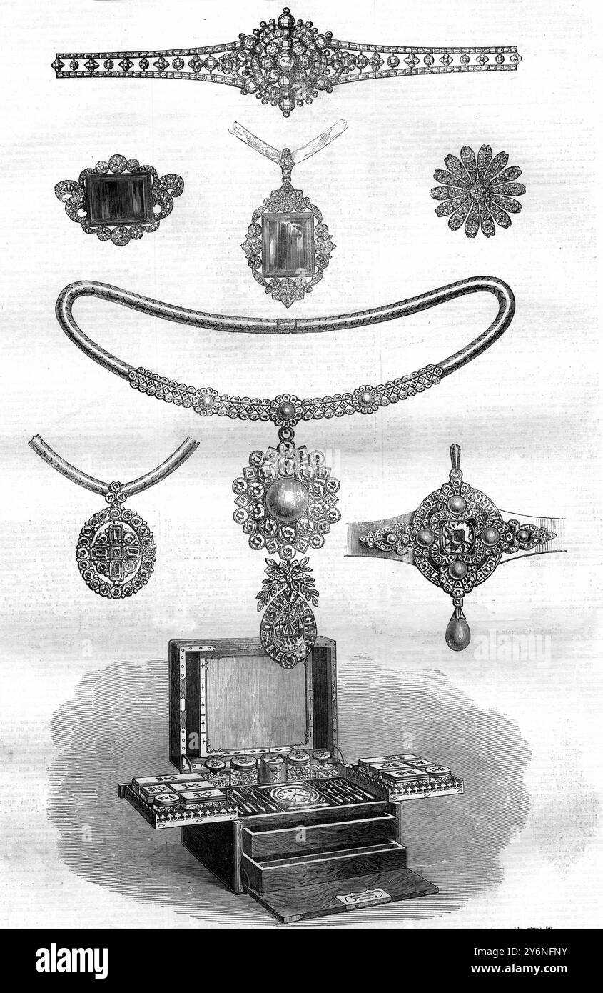 Princess Louise's wedding gifts. 1. (top of page). Bracelet given by the town of Windsor.  2./ (to left hand). Emerald centre of the bracelet given by the Queen.  3. Centre of opal necklace given by the Queen.  4. (to right hand). One of the diamond daisy-flower hair pins, given by Prince Arthur, Prince Leopold, and Princess Beatrice.  5. (centre of page). Necklace of pearls and diamonds, with pearl locket, and pendent bearing the galley of Lorne, in Sapphires, given by the Clan Campbell.  6. (to left hand). Neck ornament, emeralds, given by Viscountess Beaconsfield.  7. (right hand). Centre o Stock Photo