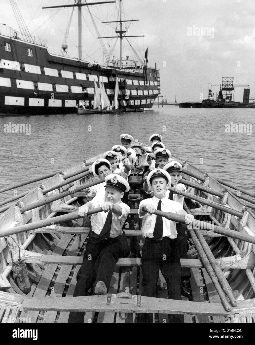 Ship Rower Cadets of HMS Worcester off Greenhithe Kent at rowing practice with ...