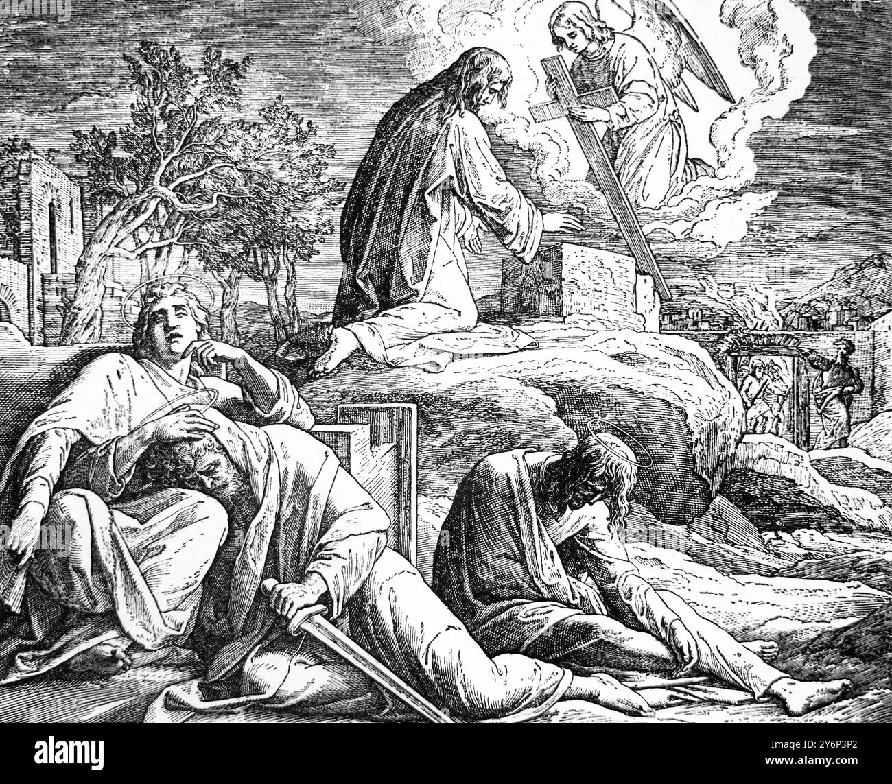 Illustration of Jesus Christ Praying in the Garden of Gethsemane when and Angels Appeared from Heaven and Gave him Strength (The Agony) while the Thre Stock Photo