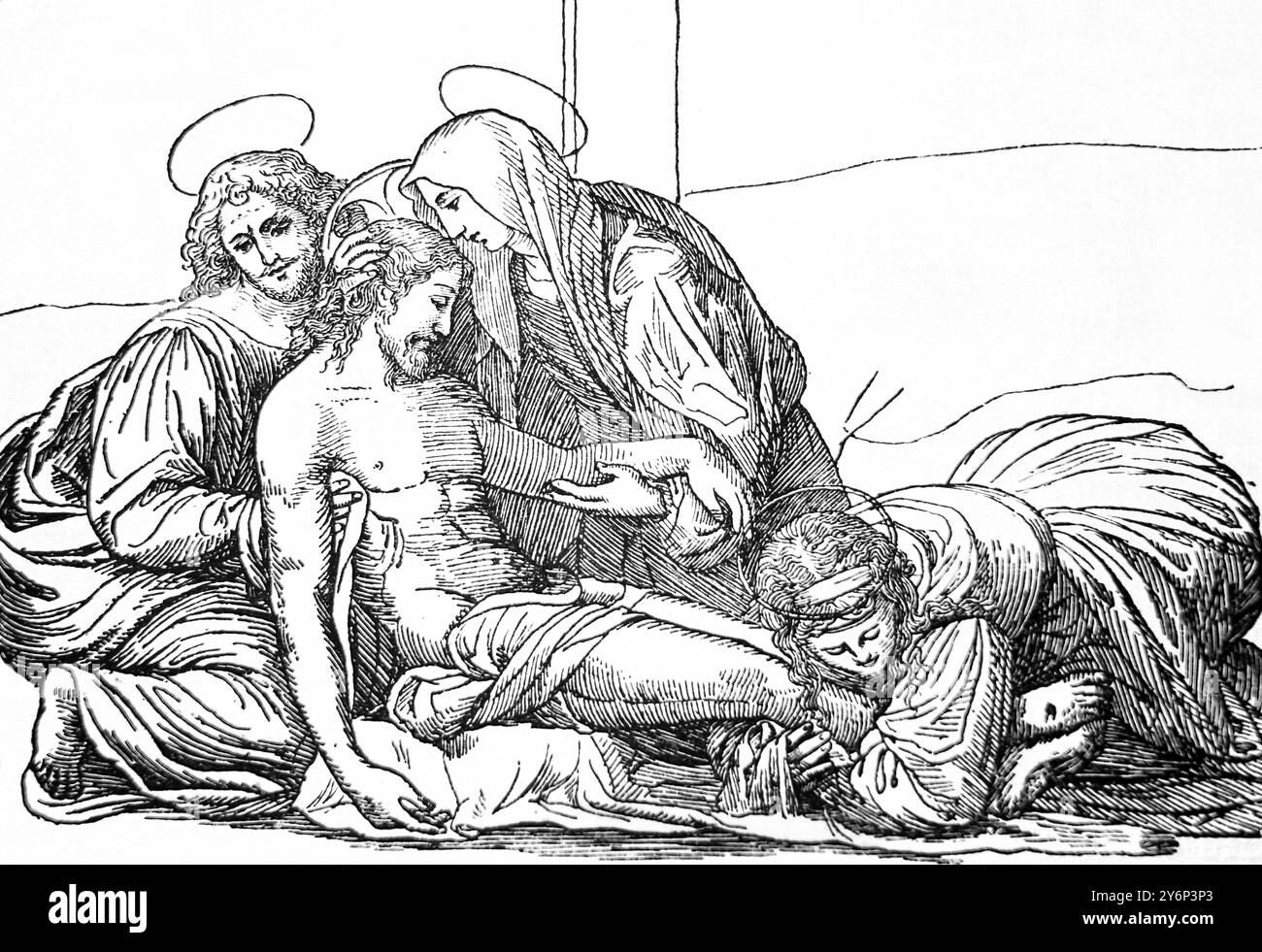 The Burial of Jesus Christ - Nicodemus Assisting Joseph of Arimathea and the Virgin Mary in Preparing the Body of Christ for Burial from the Antique 1 Stock Photo