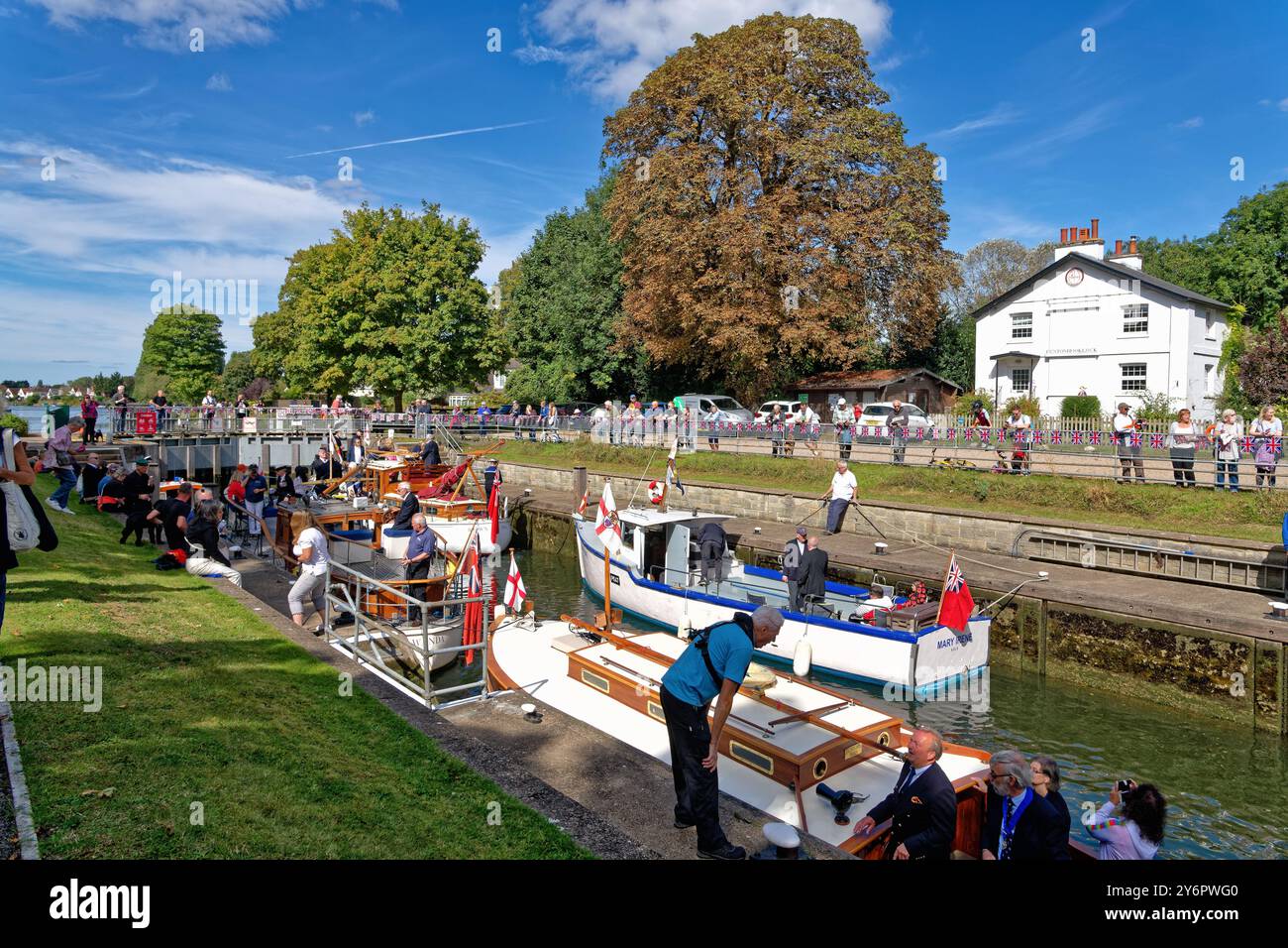 The ADLS, Association of Dunkirk Little Ships, Veterans Cruise passing Penton Lock at Laleham Staines on Thames Surrey England UK Stock Photo