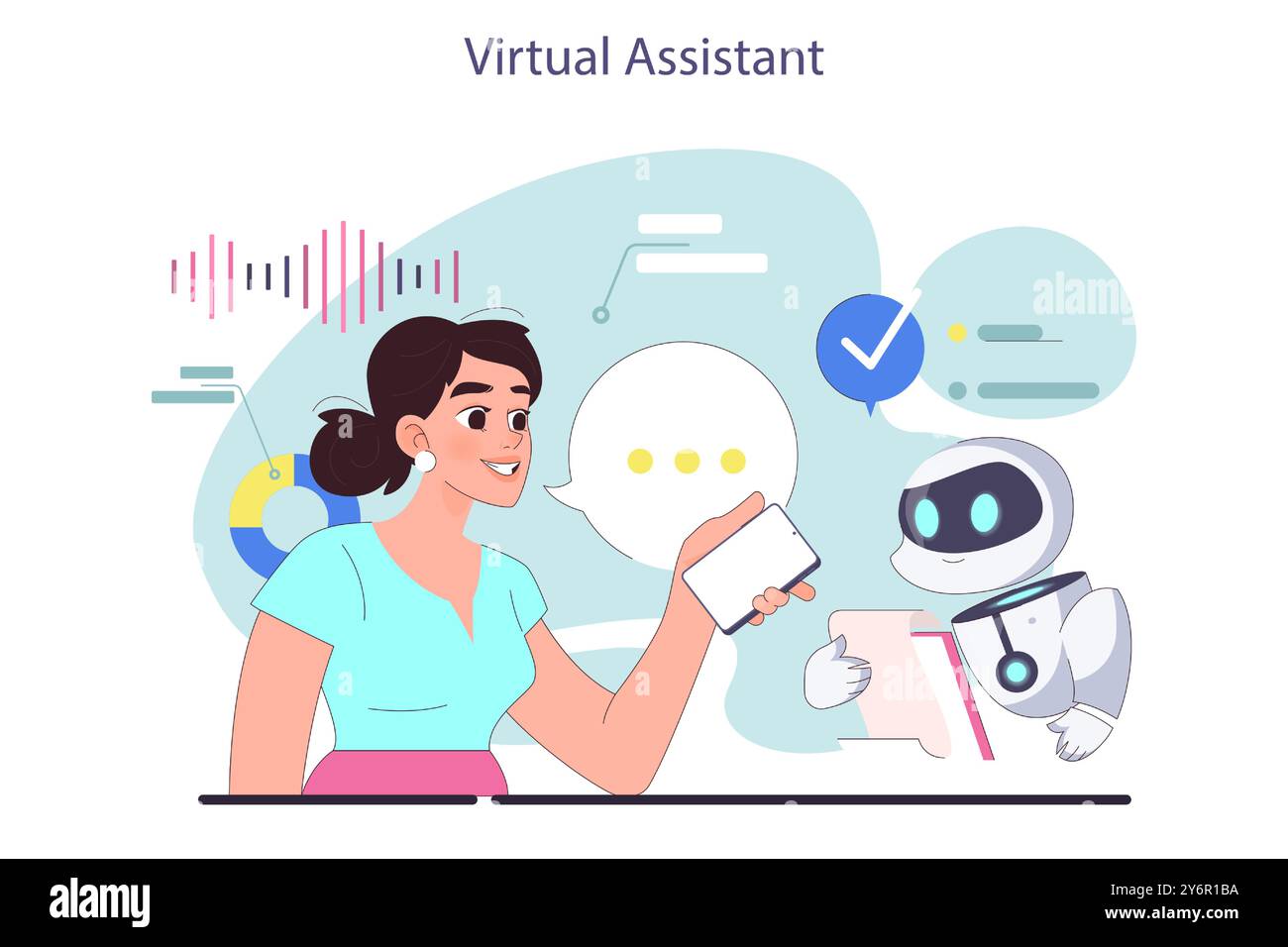 Technology Assistant Artificial intelligence virtual assistant. Woman speaking on microphone ...