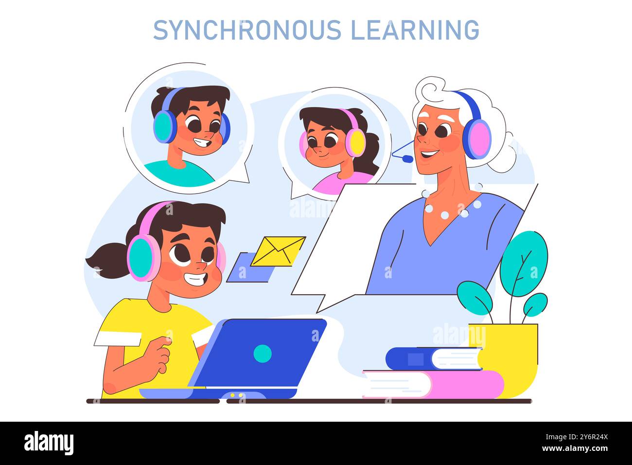 Modern education methodic. Online educational ecosystem with help of digital technologies. Synchronous learning, group studying with a teacher. Flat vector illustration Stock Vector