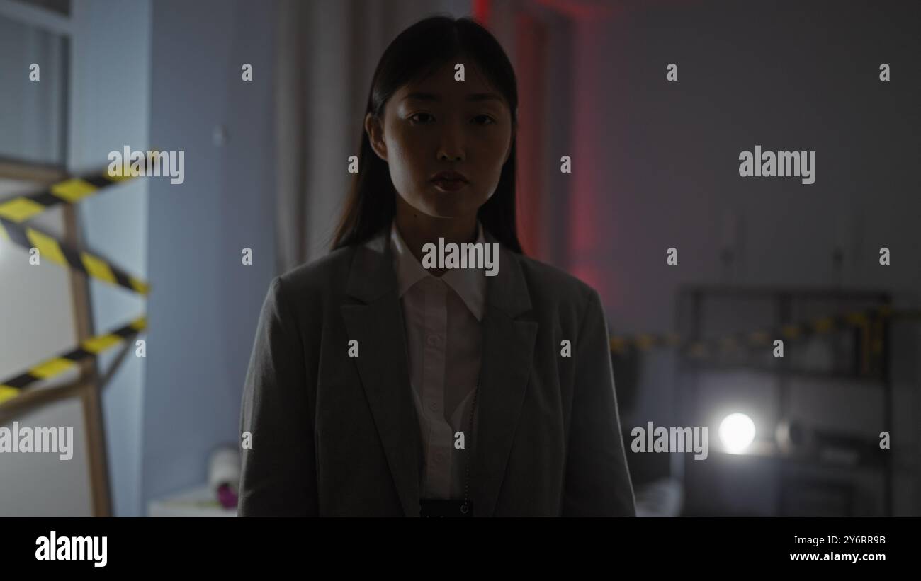 Asian woman investigator in a dark crime scene indoors with ominous