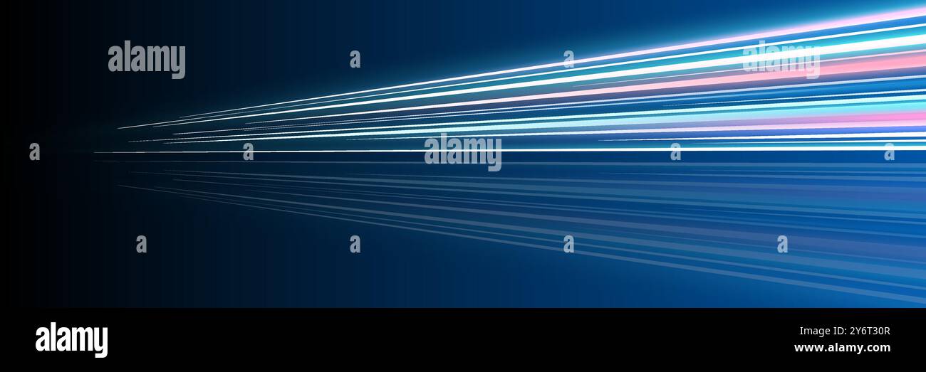 Motion luminous linear trails horizontal banner. High speed blue and pink glowing rays. Abstract long time exposure motion blur dynamic effect. Fast zoom light flash stripes. Perspective movement. Eps Stock Vector