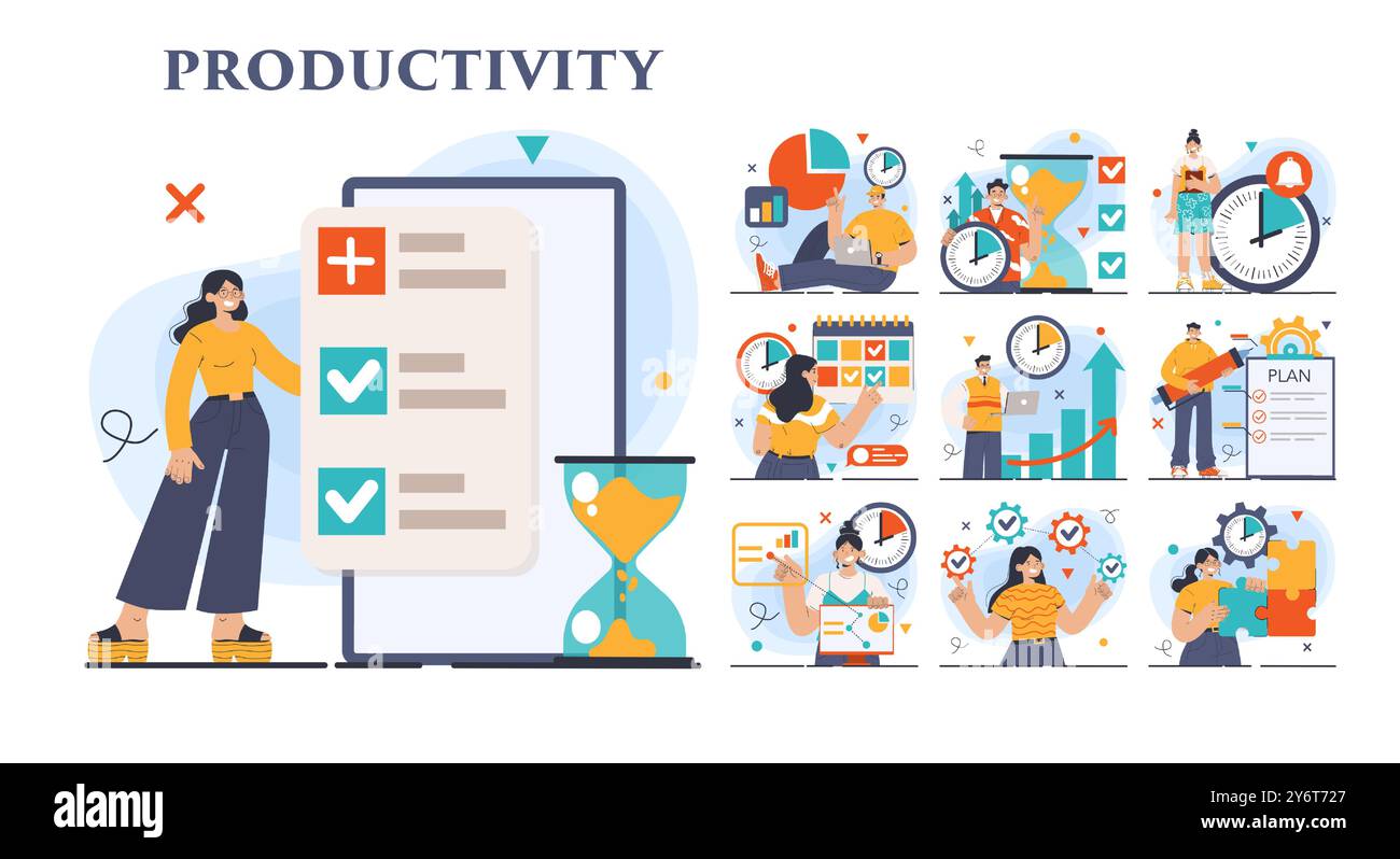Productivity concept set. Character worktime optimization. Employee job performance, multitasking and efficiency. Career progress and development. Flat vector illustration Stock Vector