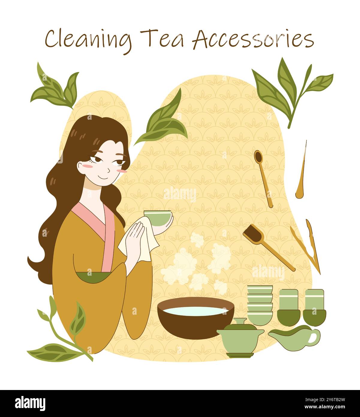 Tea ceremony rules and process. Japanese or chinese female character in kimono cleaning green tea pot, cups and ceremony accessories. Traditional asian culture. Flat vector illustration Stock Vector