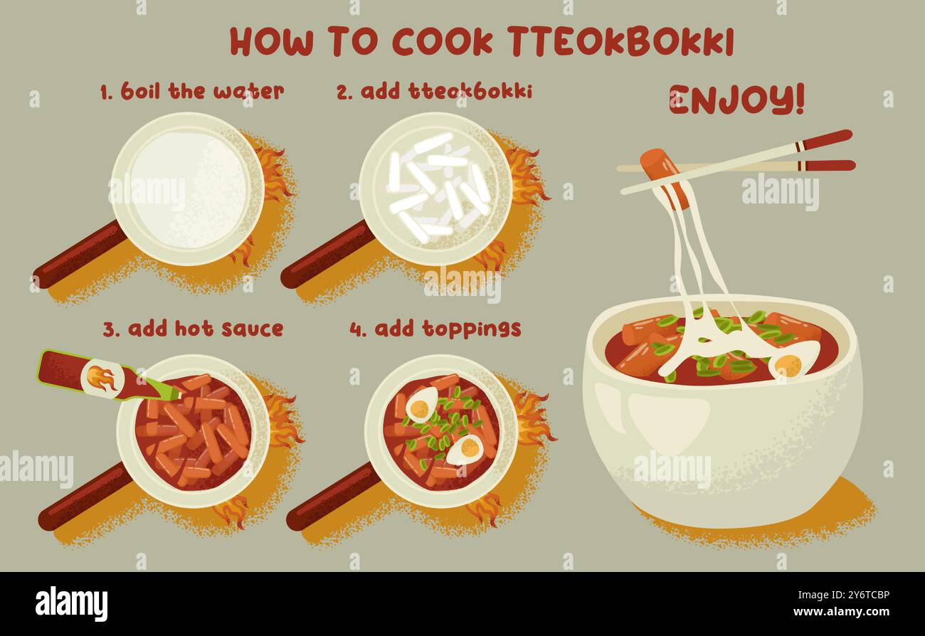 Tteokbokki recipe. Traditional asian street food cooking steps. Korean stir-fried rice cakes. Tteokbokki dishes spiced with hot chili paste or sauce. Flat vector illustration Stock Vector