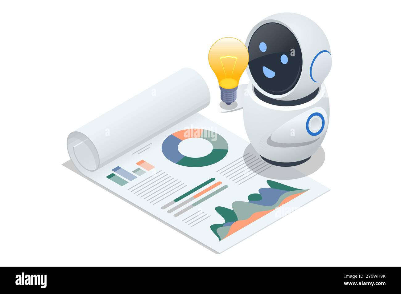 Isometric Generative bot for creating ideas, editing, searching for questions. Artificial intelligence. A person and a robot collaborating on laptops Stock Vector