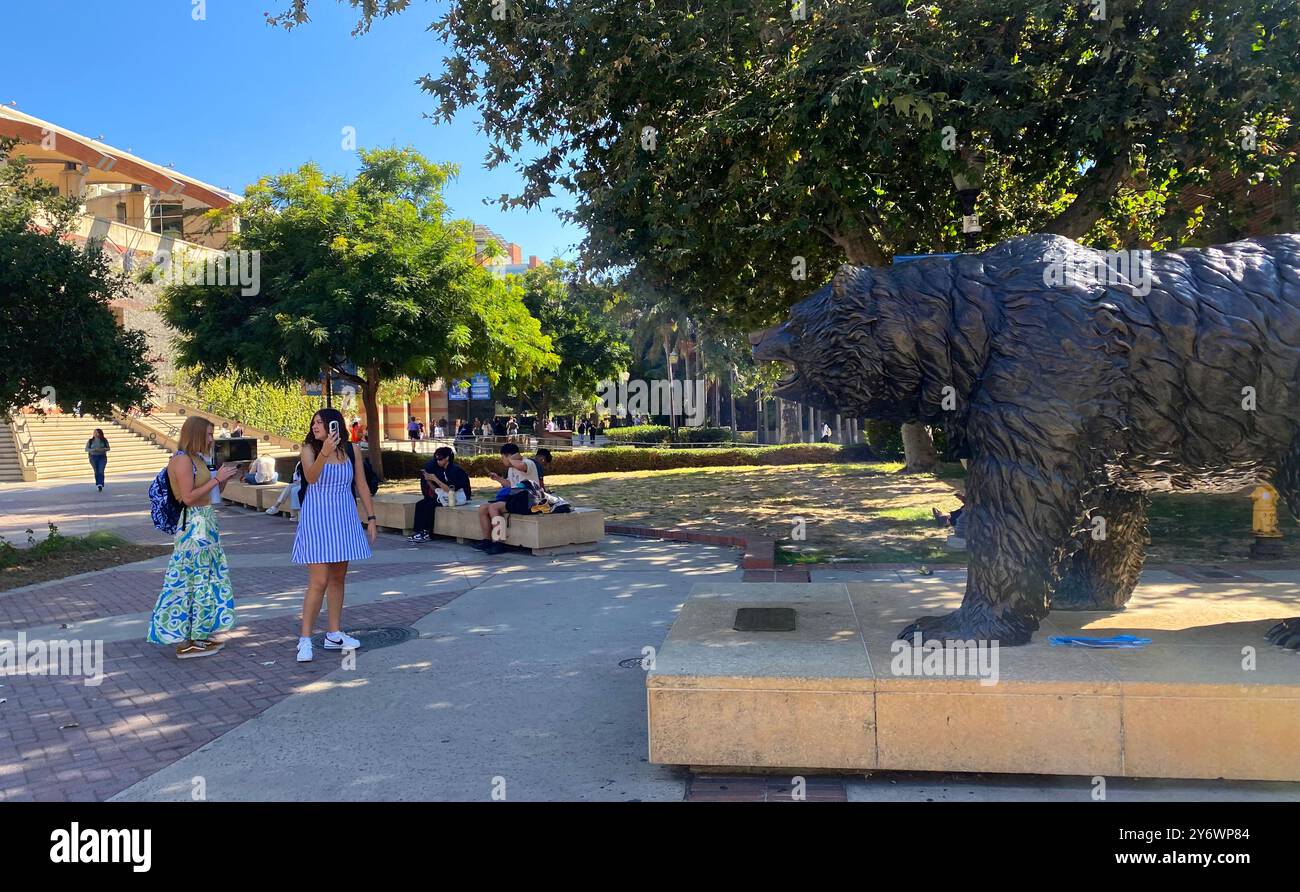 Los Angeles, USA. 26th September, 2024. University students taking photos of the Bruin Bear statue on the campus of UCLA, the University of California, Los Angeles, in Westwood, Los Angeles, California. Students returned to the college for the start of classes today. Credit: Stu Gray/Alamy Live News. Stock Photo