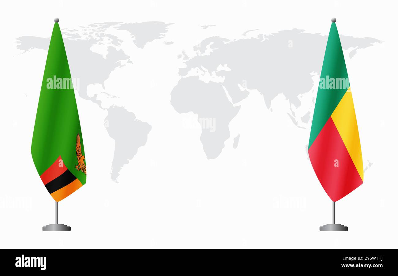 Zambia and Benin flags for official meeting against background of world map. Stock Vector