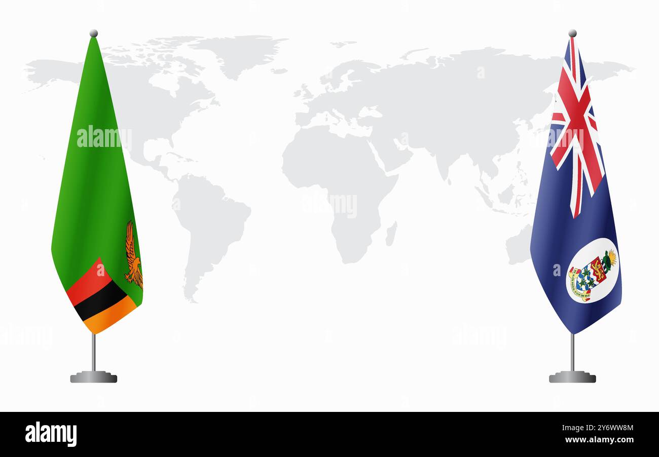 Zambia and Cayman Islands flags for official meeting against background of world map. Stock Vector