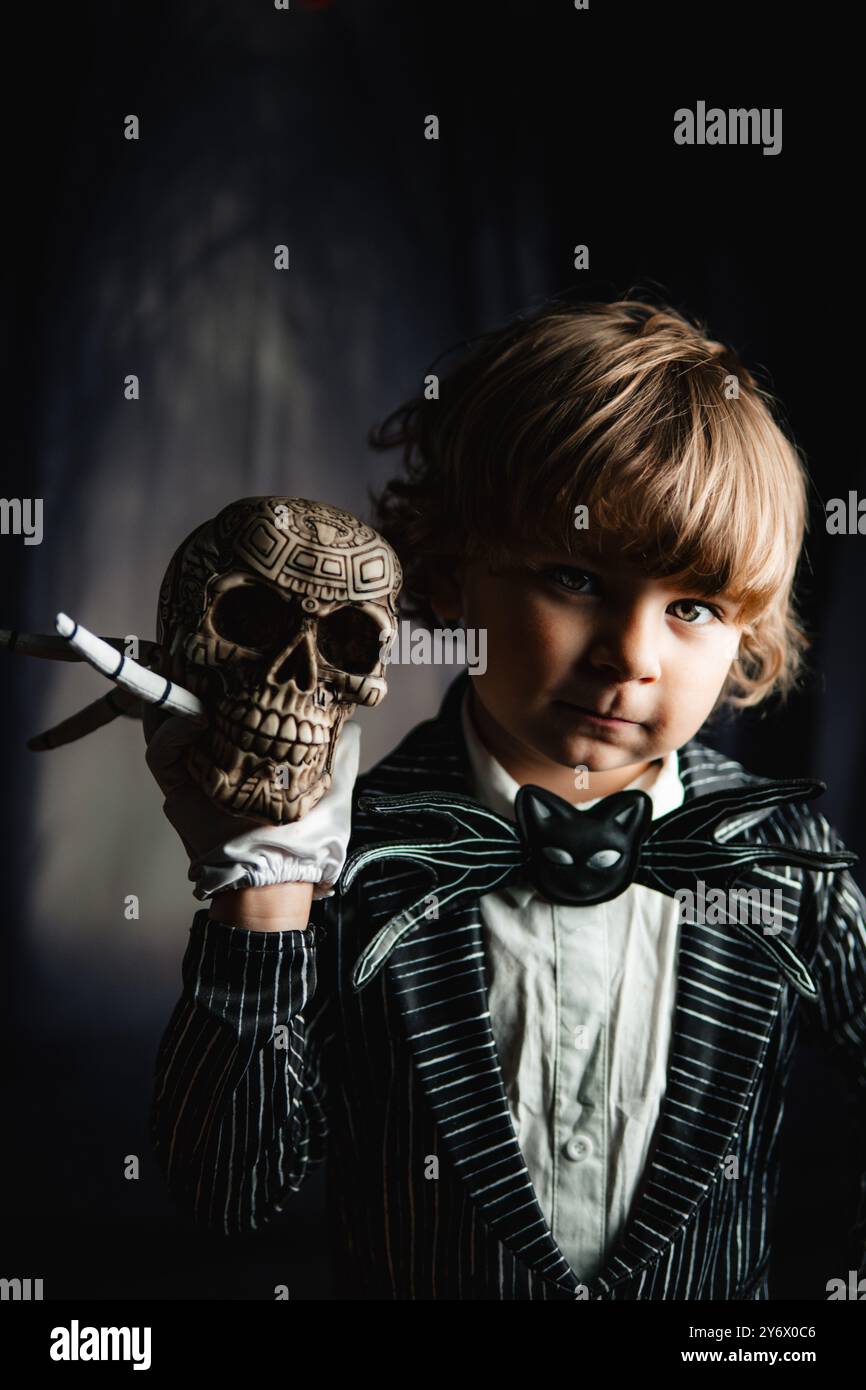 young child in jack skellington outfit from nightmare before christmas for halloween Stock Photo