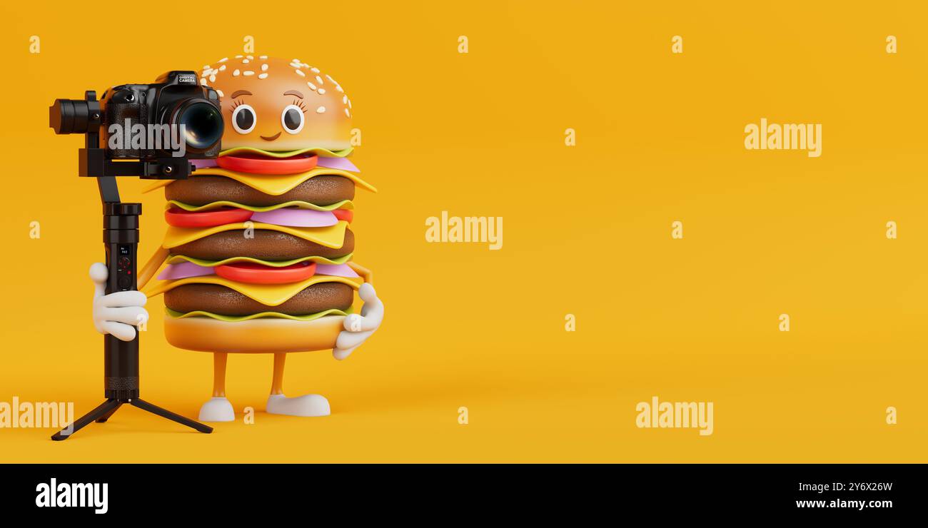 Cartoon Premium Delicious Burger Icon Person Character Mascot with DSLR ...