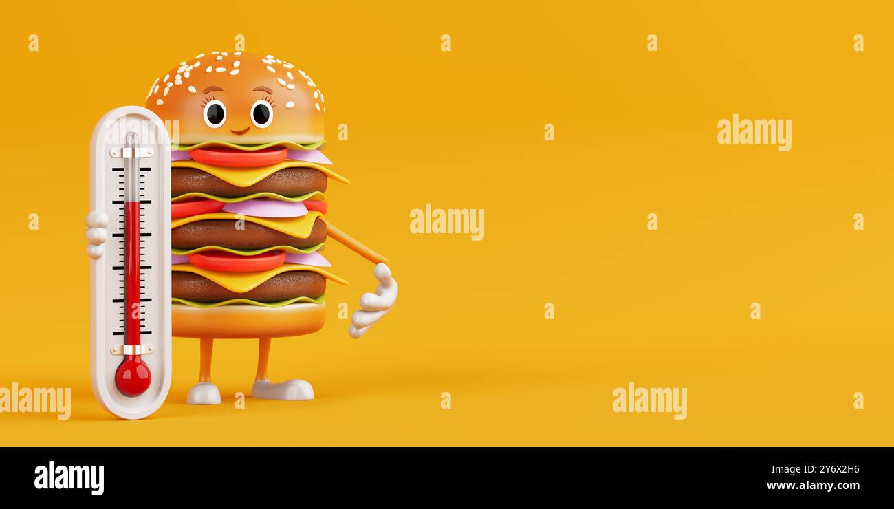 Cartoon Premium Delicious Burger Icon Person Character Mascot with Outdoor Thermometer on a yellow background. 3d Rendering Stock Photo