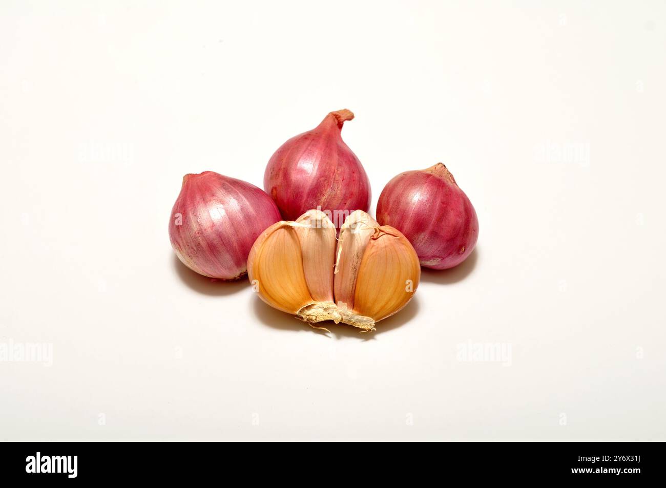 Shallots and garlic on a white background Stock Photo