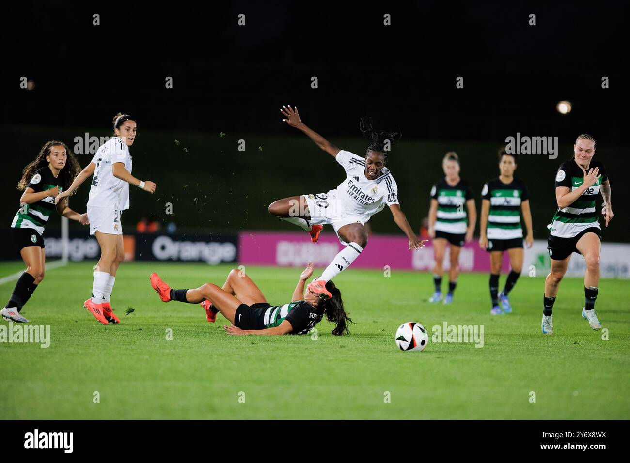 Madrid, Spain. 26th Sep, 2024. Naomie Feller (C) of Real Madrid women in action during the UEFA Women's Champions League 24/25 match, Round 2, second leg between Real Madrid and Sporting Portugal at Alfredo Di Stefano stadium. Final score Real Madrid 3:1 Sporting Portugal Credit: SOPA Images Limited/Alamy Live News Stock Photo