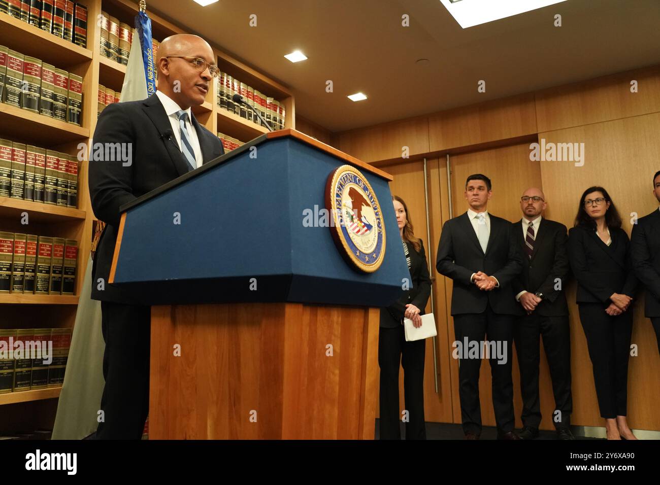 New York, United States. 25th Sep, 2024. Damien WIlliams US. Attorney for the Southern District of New York unseals charges against New york City Mayor, Eric Adams for bribery, conspiracy, and campaign finance charges. Credit: SOPA Images Limited/Alamy Live News Stock Photo