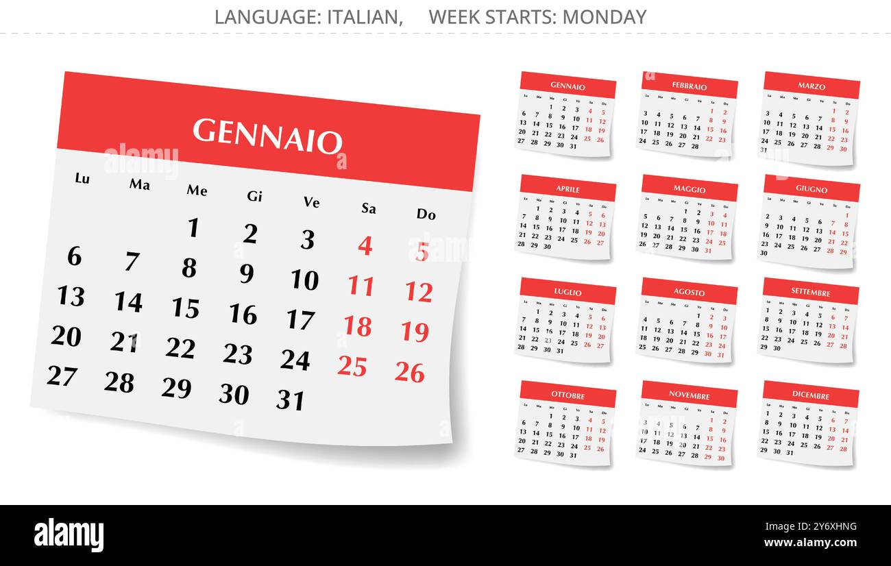 2025 year Italian calendars. 12 months. Vector illustration with paper