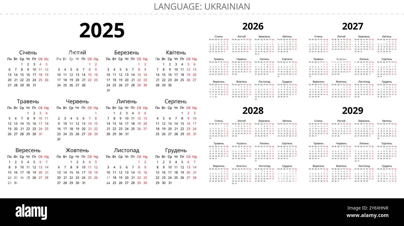 2025, 2026, 2027, 2028, 2029 year ukrainian calendars. Printable vector