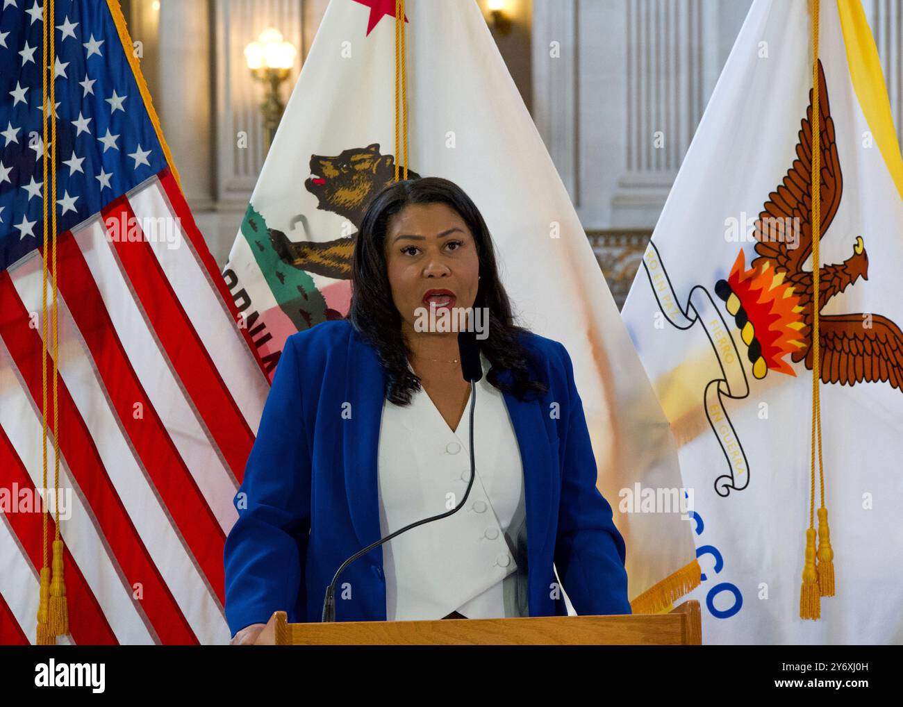 San Francisco, CA - March 19, 2024: Mayor London Breed speaking at a Women’s History Month Ceremony at City Hall. Stock Photo