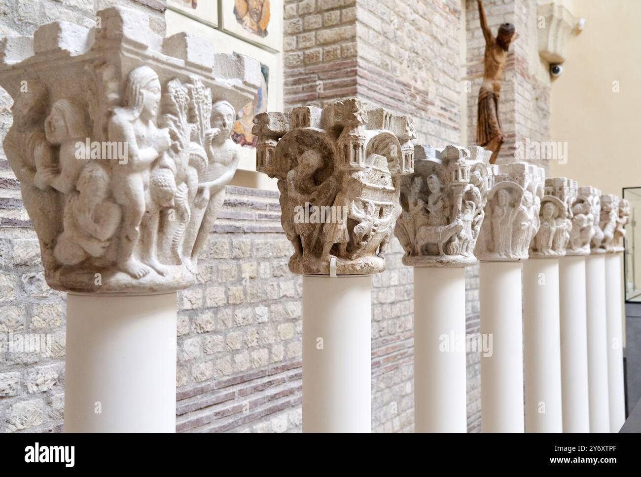 Eight cloister capitals, Scenes from the story of Adam and Eve, Scenes from the story of Noah, Scenes from the story of Abraham, Scenes from the child Stock Photo