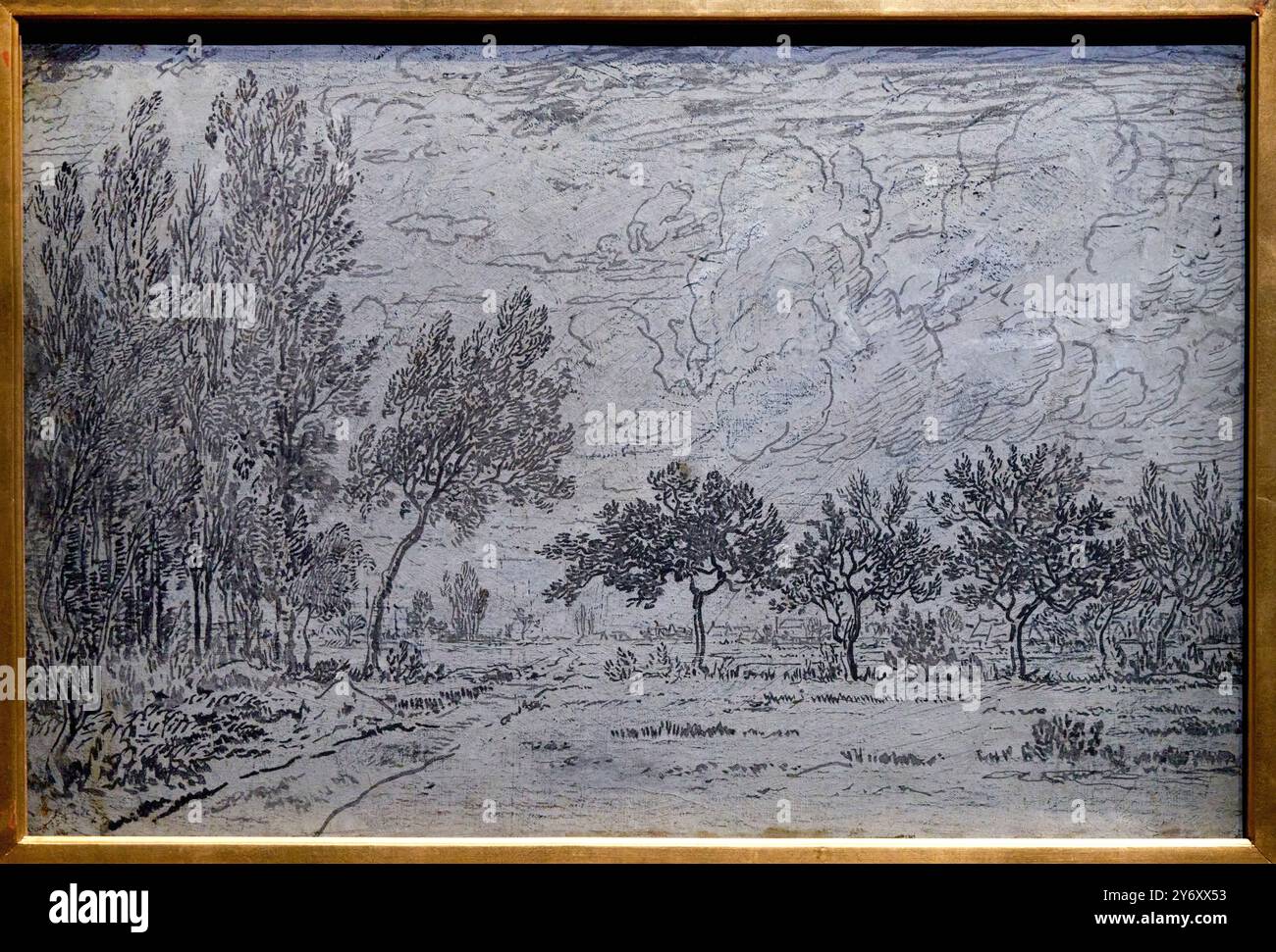 The Woods and Apple Trees of Belle-Marie, 1860-1862, Ink or water paint and touches of oil paint in grisaille on canvas, Théodore Rousseau, (Paris, 18 Stock Photo
