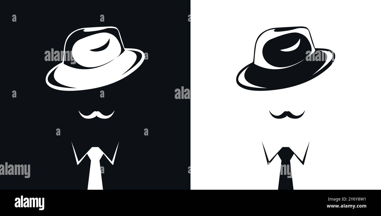 Abstract silhouettes of mafia man, gangster, detective or gentleman. Man with mustache in hat and tie. Vector illustration Stock Vector