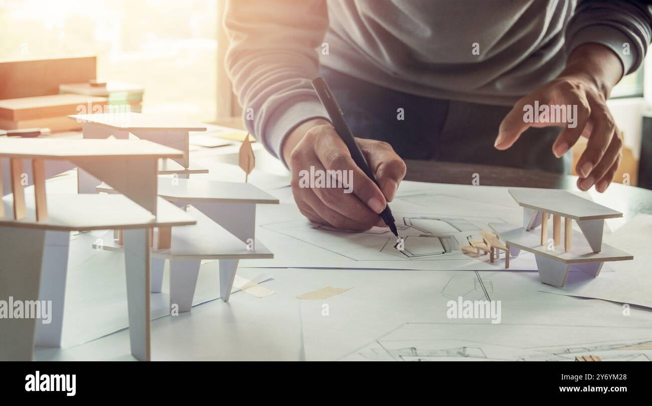 architect design working drawing sketch plans blueprints and mak Stock Photo