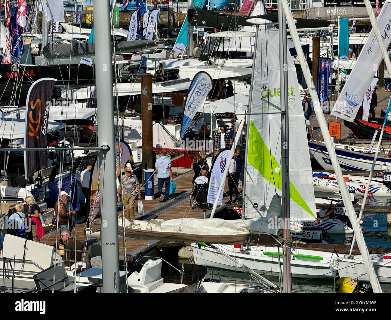 A mass of yachts seen in bright sunshine during the first day of  the Southampton International Boat Show. - Smartphone Captured Stock Image