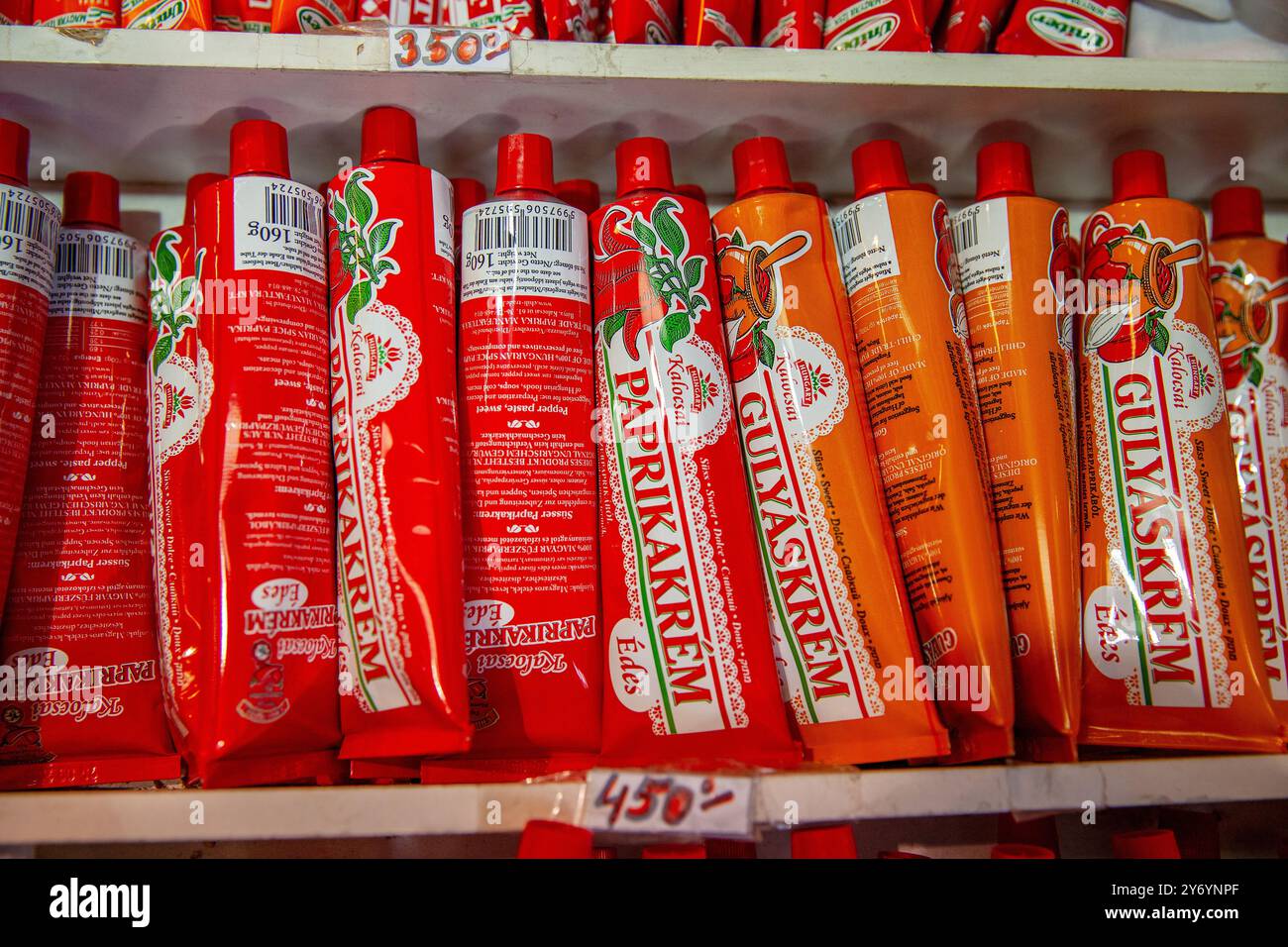Tubes Of Hungarian Paprika Cream (Paprikakrém), Red Pepper Paste Kalocsai Brand, For Sal;e In The Great Market Hall Budapest Hungary Stock Photo