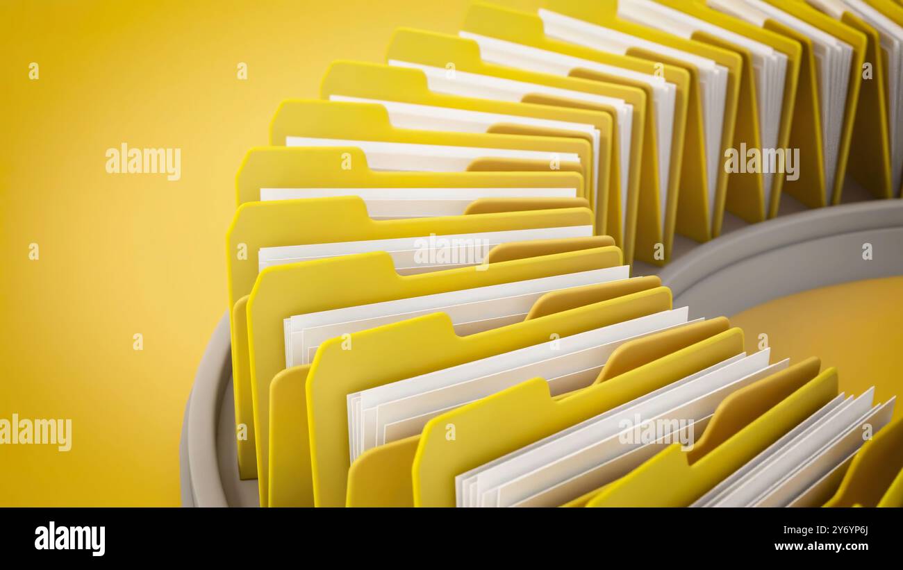 Spinning yellow file folders with blank papers. 3D illustration Stock ...