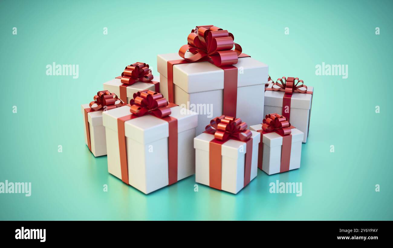 Giftboxes wrapped with red ribbons on green and blue background. 3D ...